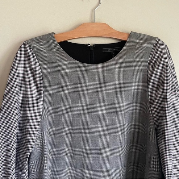 BCBGMaxazria Plaid Shift Dress Long Sleeve Mini Prep Tartan Grey White Large - Picture 5 of 13